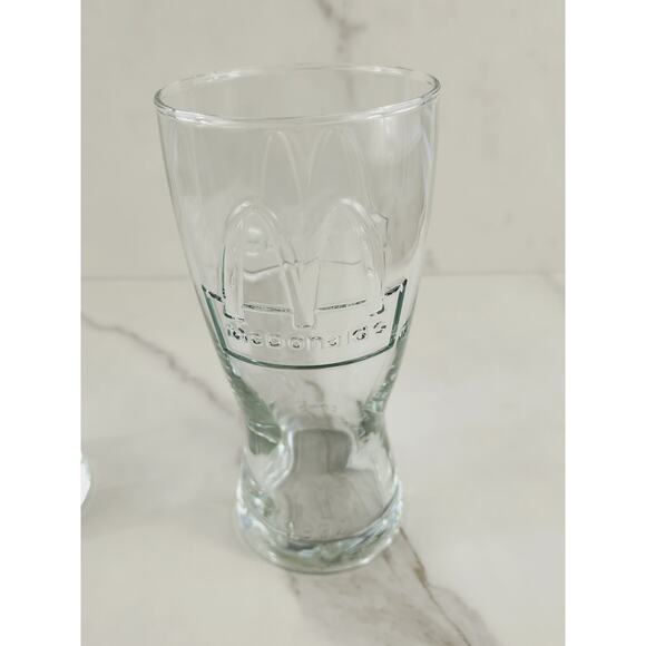 McDonald's Clear Tall Glass 16oz Drinking Glasses 6 1/2" Embossed Logo 1992 x2 - Picture 3 of 13